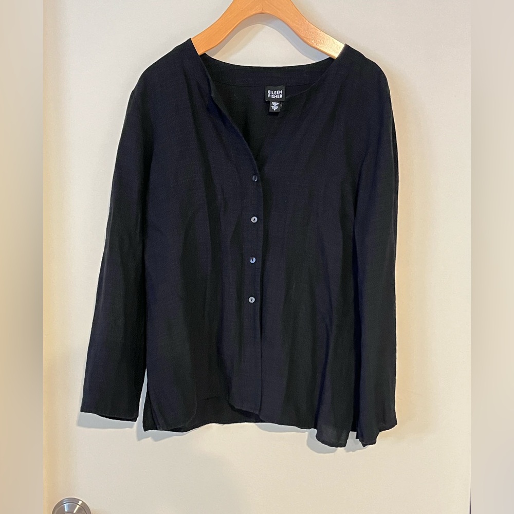 Eileen Fisher Black Linen Blend Button Front Boxy Shirt, size small vintage